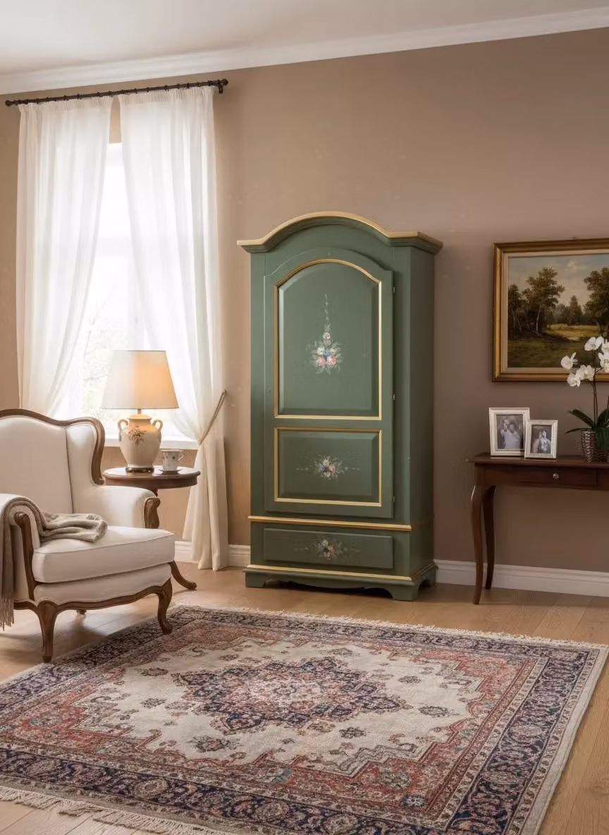 Armadio classico shabby chic in legno verde con decori oro Mobili 2G L: 96 cm, P: 56 cm, H: 196 cm – 1