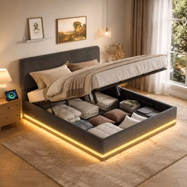 Letto imbottito 160x200 cm grigio scuro con LED, USB-C e contenitore