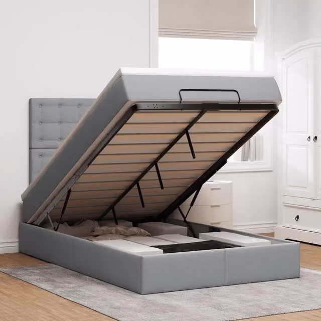 Letto con contenitore a sollevamento e materasso vidaXL in tessuto grigio e bianco, L/P/H: 200 x 120 x 28 cm – 1