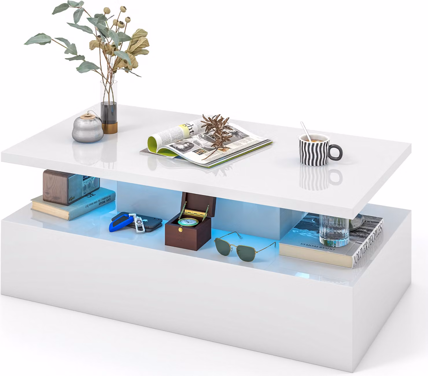 Tavolino a LED COSTWAY, moderno tavolino a 2 livelli bianco lucido con colori della luce, velocità e luminosità regolabili Bianco