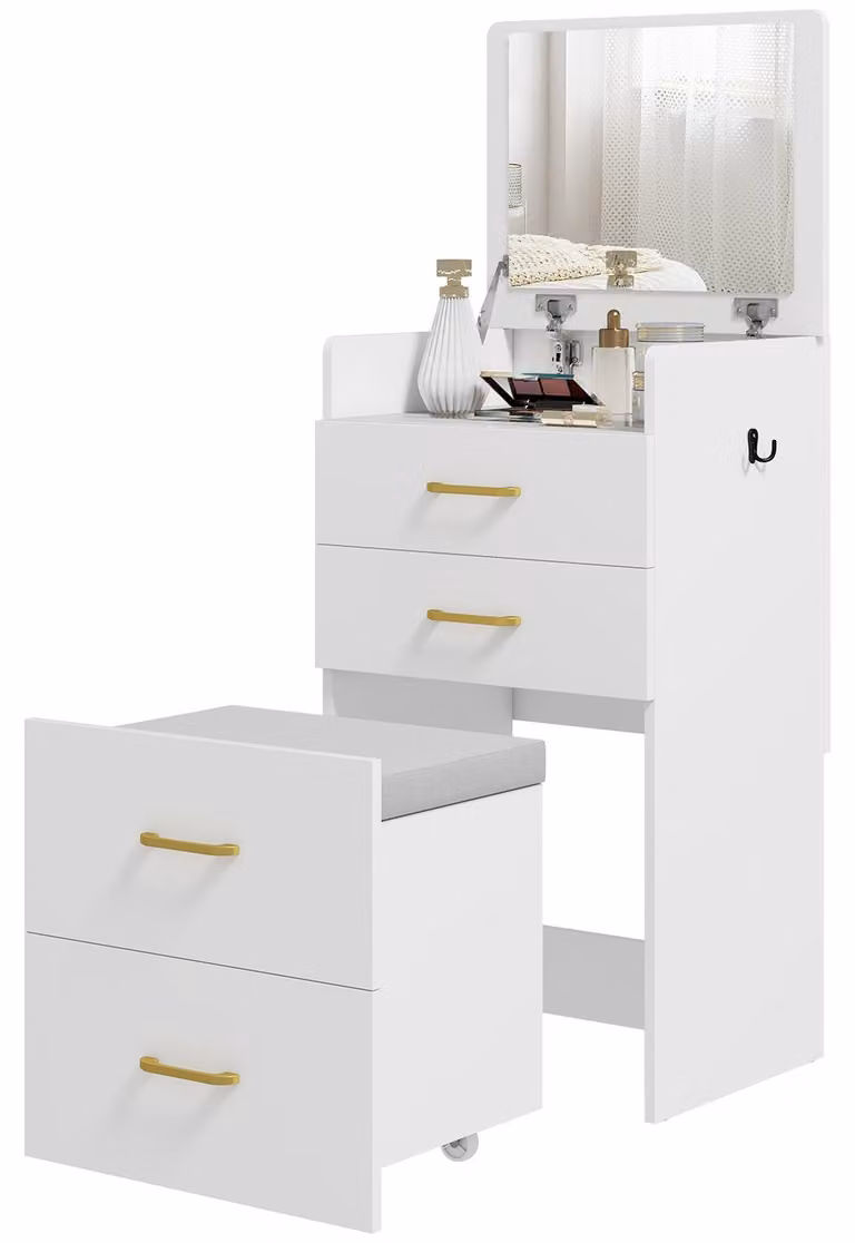 Tavolino da trucco 3-in-1 con specchio e sgabello con rotelle – Bianco | Colore: Bianco | Dimensioni: 48x40x90 cm