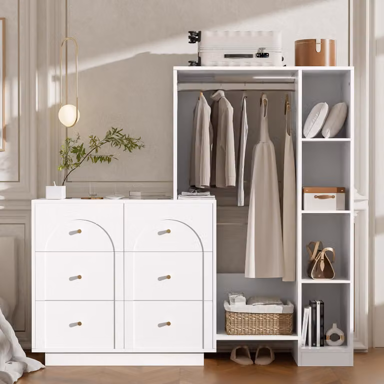 Armadio 139x35x133 cm, colore bianco, realizzato in pannello di particelle di legno al 100%, con struttura in metallo, dotato di asta appendiabiti e 6 cassetti, ideale per la camera da letto