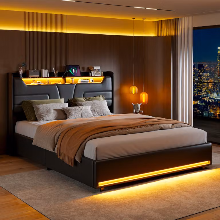 Letto imbottito Fortuna Lai 160x200 cm con testata a LED, contenitore, funzione di ricarica USB e rete a doghe - Letto matrimoniale funzionale con schienale