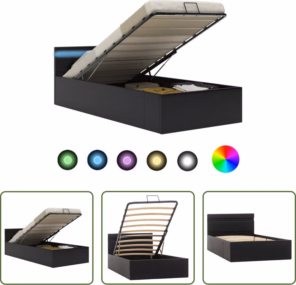 The Living Store Letto con rete LED idraulico in ecopelle nera 90x200cm