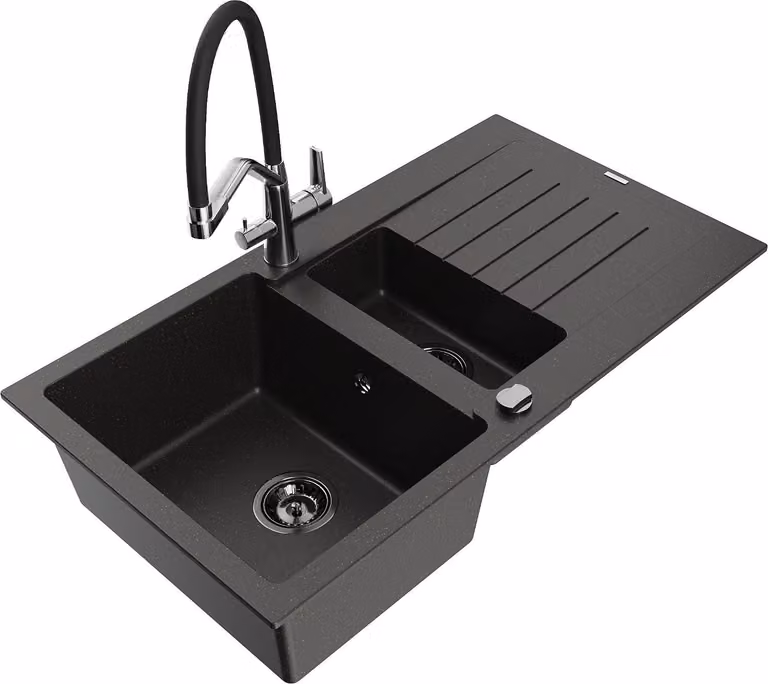 Mexen Matias lavello in granito 1,5 vasca con scolapiatti e miscelatore cucina Duo, nero/oro metallizzato - 6502-75-671701-07-B