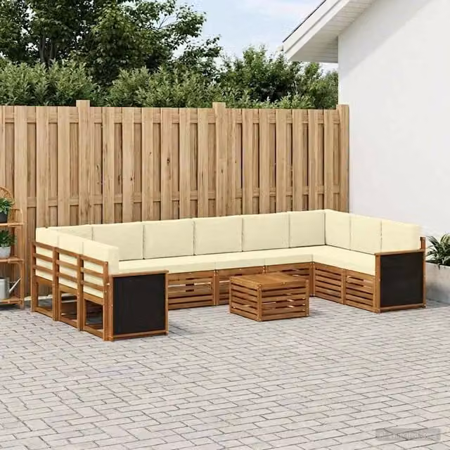 Set di divani da esterno vidaXL in legno di acacia con cuscini beige e marroni per giardino e terrazza, 8 pezzi – 1