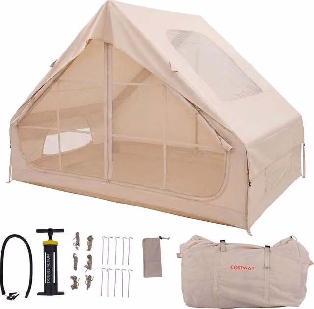 Tenda da campeggio da esterno con porte finestre apertura del camino pompa e borsa da trasporto, Tenda gonfiabile in tessuto oxford impermeabile