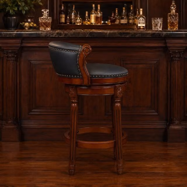 Sgabello da bar girevole 55x55x34 cm con schienale curvo in pelle e legno blu