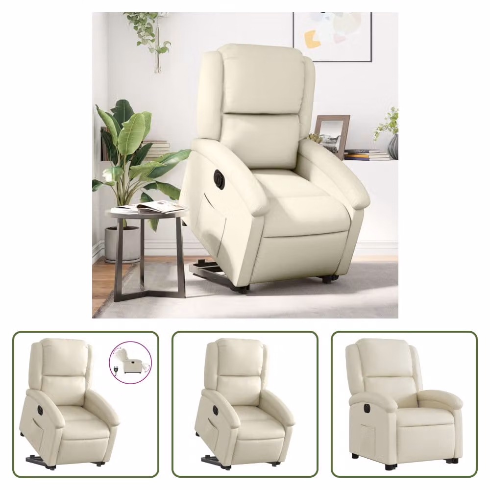 The Living Store Poltrona relax con supporto elettrico in Pelle finta color crema