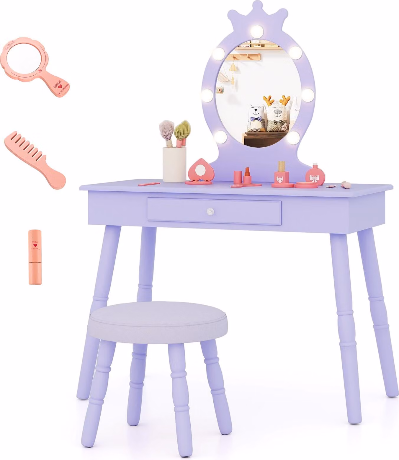COSTWAY tavolo da trucco per bambini con illuminazione, tavolo da toilette 2 in 1 con specchio e cassetto, tavolo da trucco in legno, tavolo cosmetico per bambine dai 3 anni in su, viola