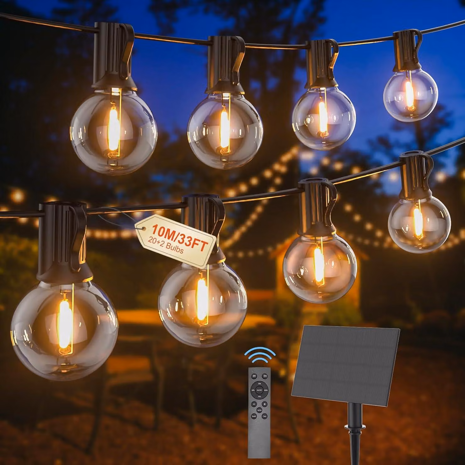 Catena luminosa da 10 metri - Tipo G40 - A energia solare - Con telecomando - Luce calda - Adatta per interni ed esterni