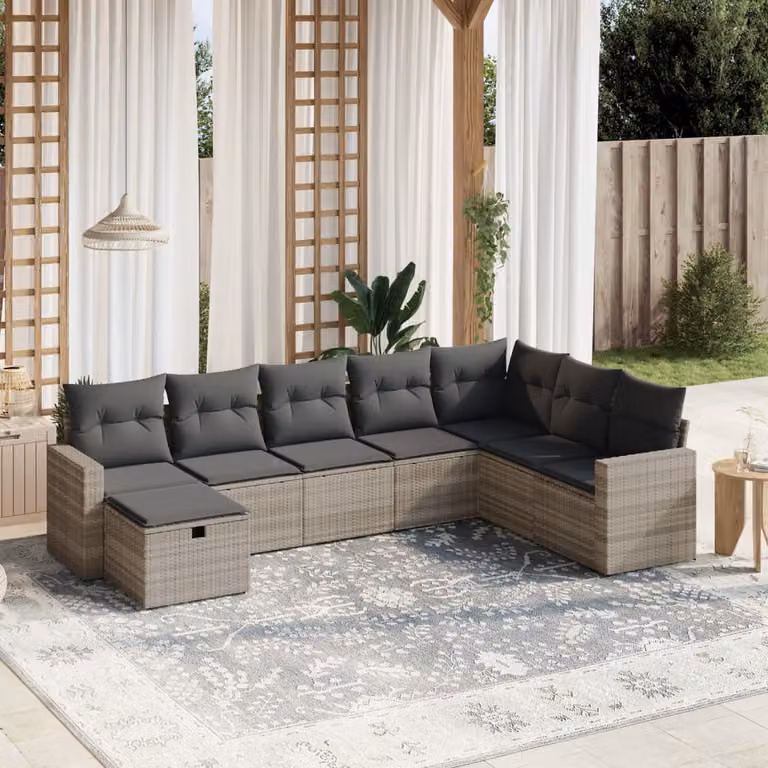 vidaXL Set Divano da Giardino a L 8pz con Cuscini Grigio Chiaro in Polyrattan e Metallo