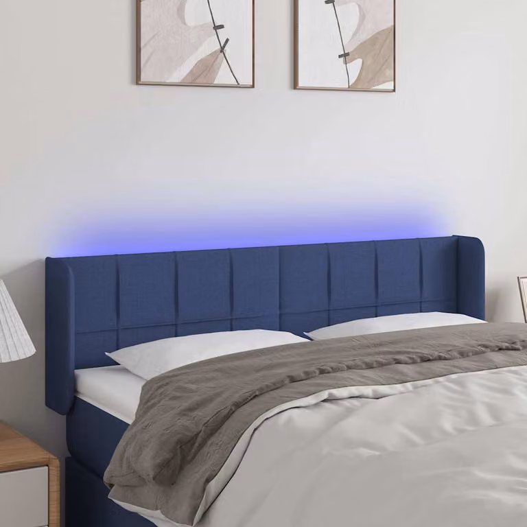Testiera per letto vidaXL in tessuto blu con illuminazione LED integrata e porta di ricarica USB, L: 147 cm, P: 16 cm, H: 78-88 cm