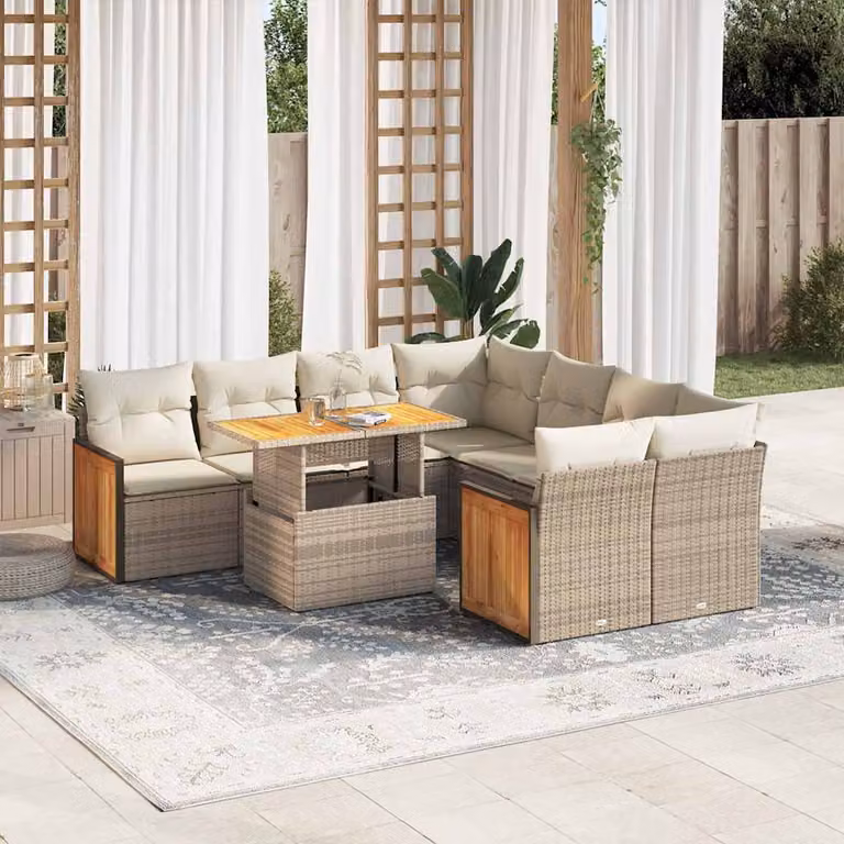 Set Divano da Giardino vidaXL 9 pz a Forma a L con Cuscini Beige e Tavolino, Polyrattan e Legno di Acacia