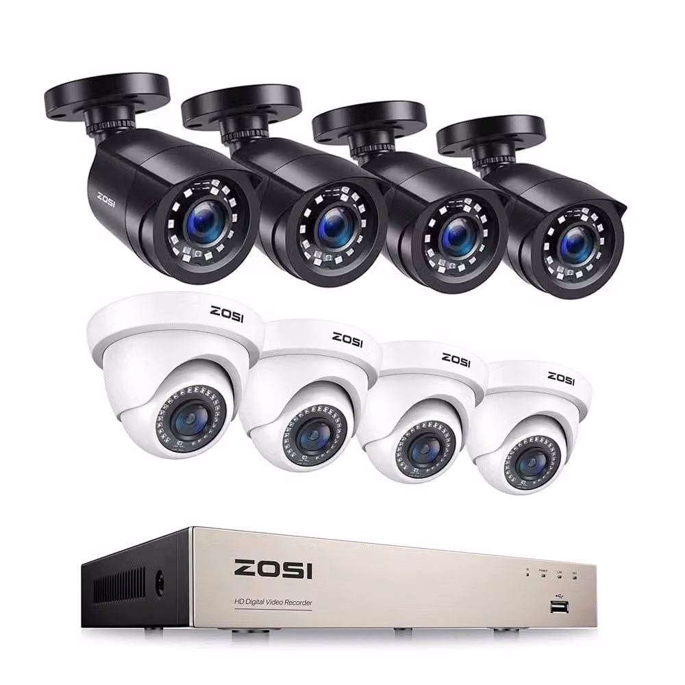 Sistema di telecamere di sicurezza ZOSI a 8 canali, risoluzione HD 1080p, rilevamento intelligente del movimento, 8 telecamere