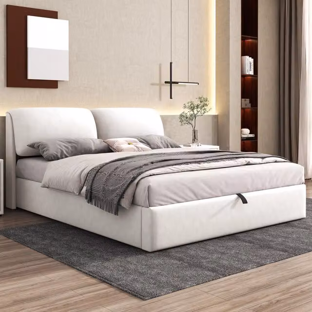 Letto contenitore matrimoniale OKWISH in velluto beige con base idraulica, 3 cassetti e testiera regolabile, L/P/H: 180 x 200 cm