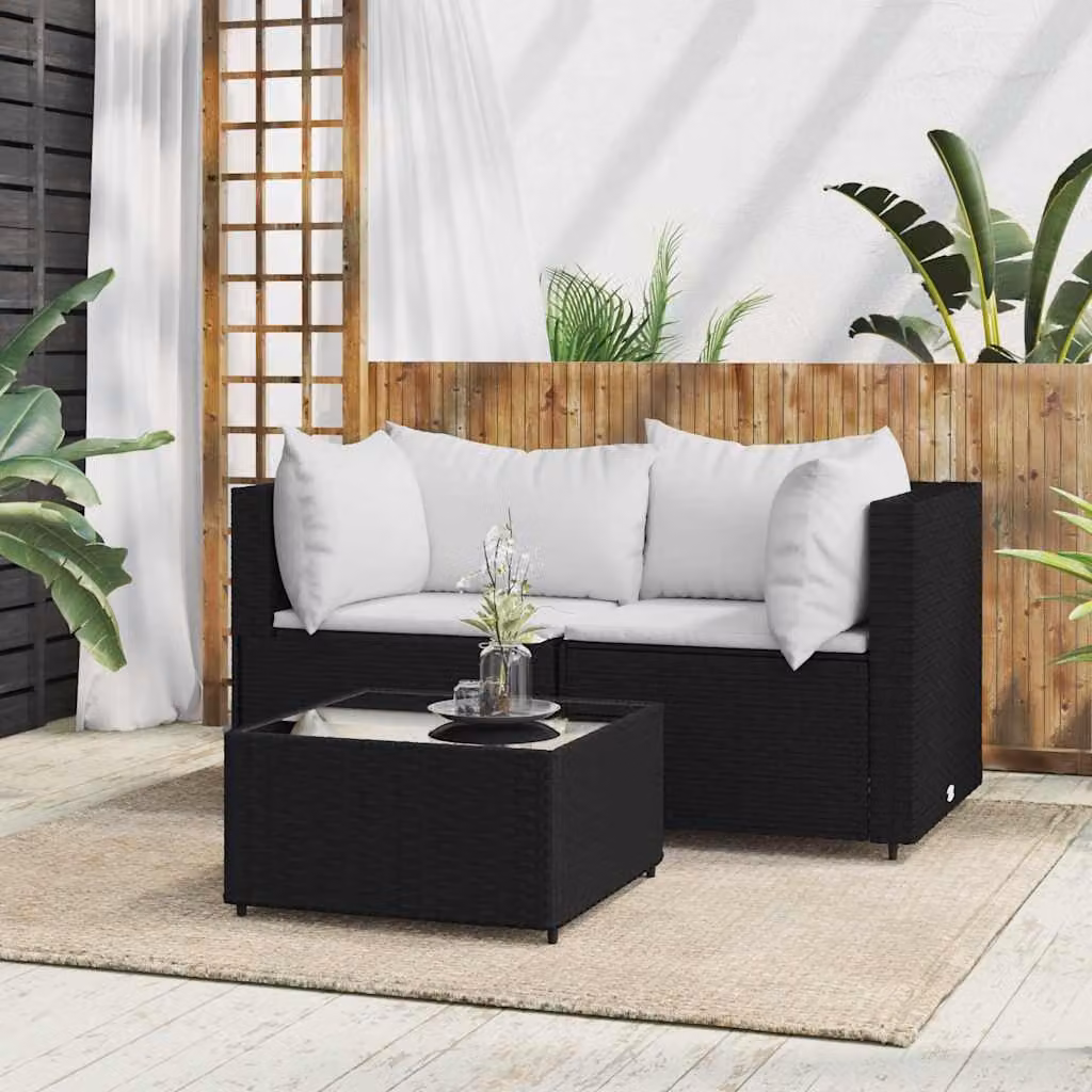 Set da giardino moderno vidaXL composto da divano a 2 posti, elemento angolare e tavolino da caffè con cuscini in schiuma e struttura in metallo nero e rattan