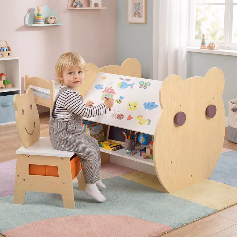 Set tavolo e sedia per bambini Costway in legno naturale con piano lavagna bifacciale e sedia con cassetto rimovibile