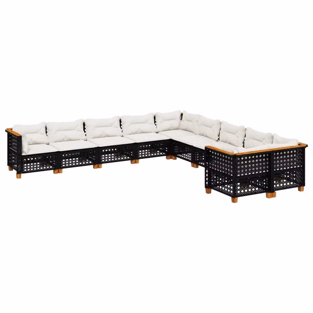 Set di Divani da Giardino vidaXL in Polyrattan e Legno di Acacia con Cuscini Imbottiti, Nero e Bianco – 2
