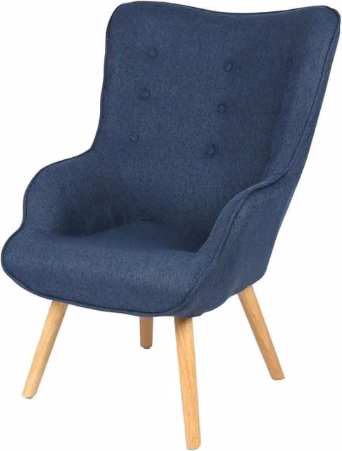 Poltrona da salotto in tessuto denim blu con piedi in legno collezione ENJOY. Stile scandinavo