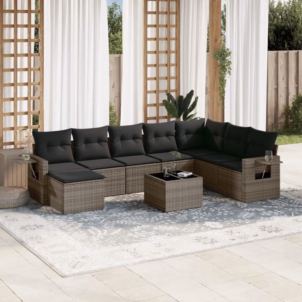 Set Divano da Giardino vidaXL 9 pz in Polyrattan Grigio con Cuscini e Tavolino