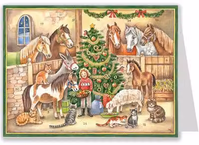 Calendario dell'Avvento a tema "Nella stalla", con cartoline