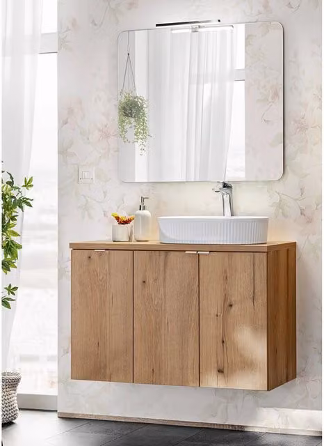 Set Newport Mobile Pensile Sottolavabo a 3 Ante con Specchio LED e Lavabo Ovale - Effetto Rovere [en.casa]