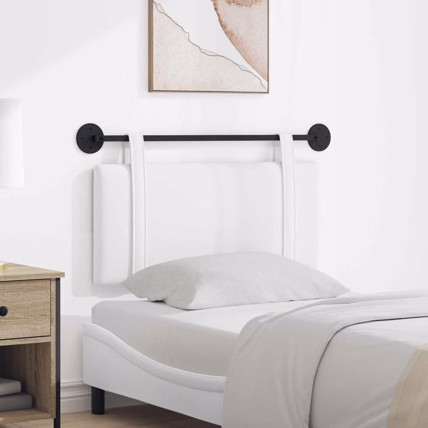Testiera per letto sospesa vidaXL in tessuto bianco con pannello imbottito e struttura in legno e metallo