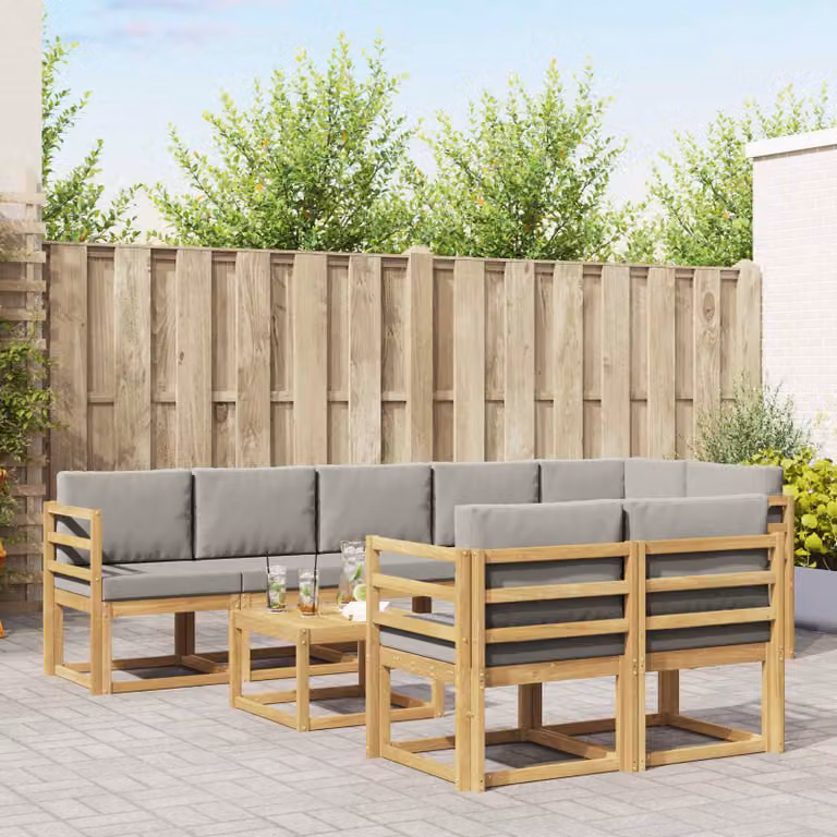 vidaXL Set di divani da esterno a L in legno di acacia con cuscini, Bianco, Grigio e Marrone