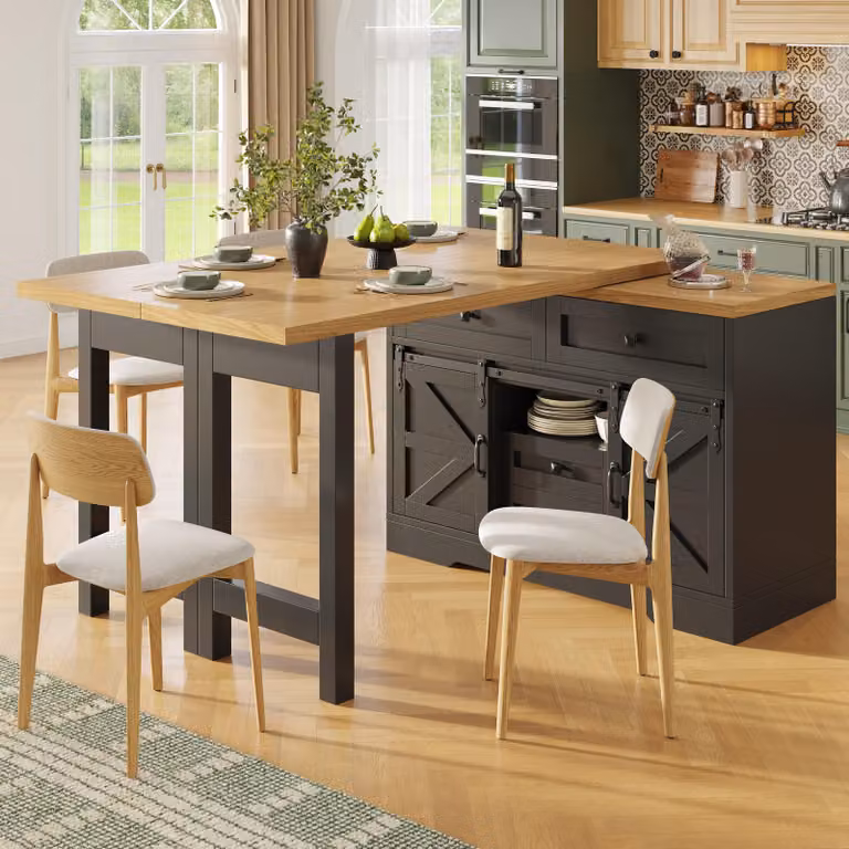 Tavolo allungabile multifunzione con piano, cassetti nascosti, pannelli girevoli a 360°, possibilità di utilizzo come bancone o tavolo da cucina, dimensioni 120-197x40x72 cm, colore nero