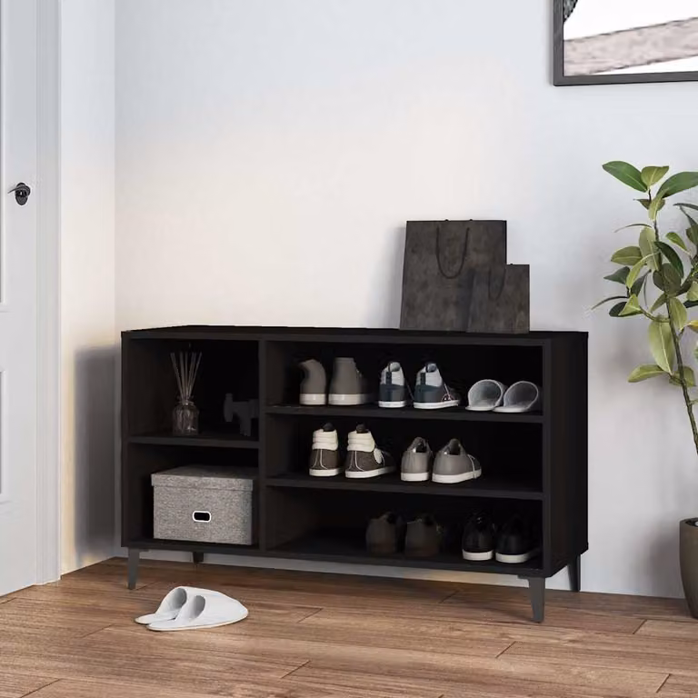Scarpiera moderna vidaXL nera con ripiani in legno e metallo, L 102 cm x P 36 cm x H 60 cm