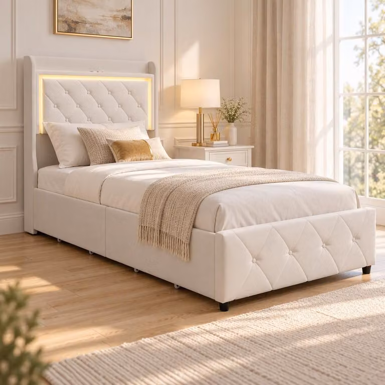 Letto imbottito INONEFT, modello per ragazzi, 160x200 cm – Struttura del letto singola con illuminazione a LED, 4 ampi cassetti e robusta struttura in metallo, colore bianco