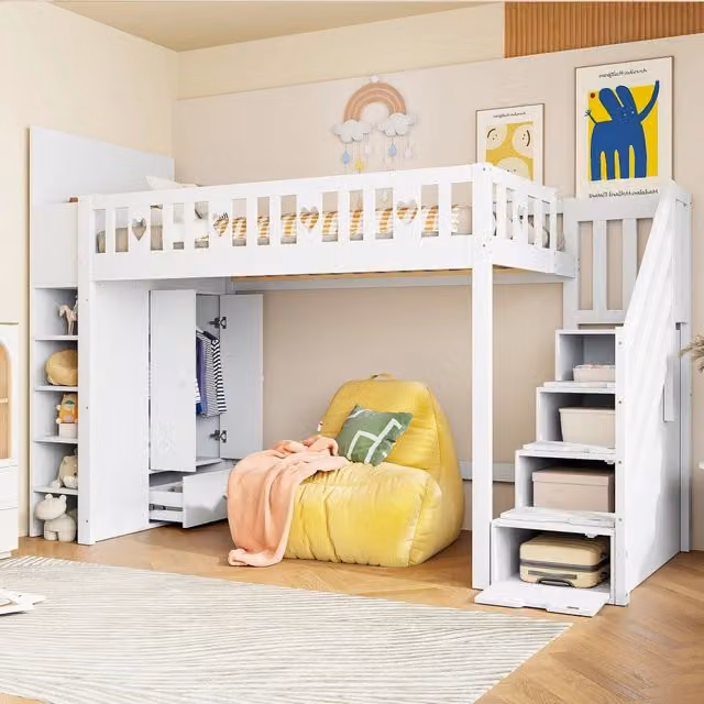 Letto a castello 90x200 cm con scala contenitore, armadio pieghevole, spazio sotto il letto per travestirsi, sponde a cuore, senza materasso - Bianco