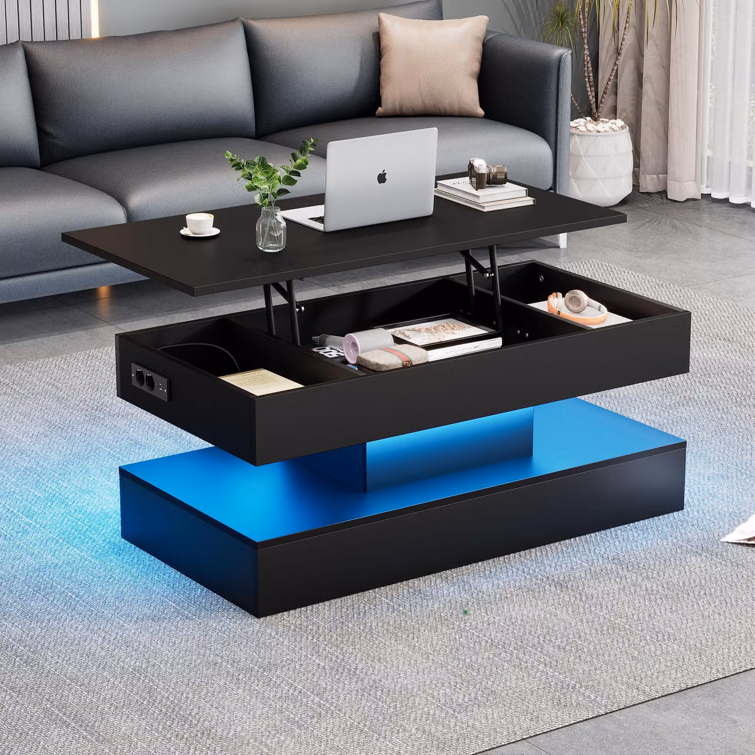 Tavolino Merax regolabile in altezza con LED, vano portaoggetti nascosto e presa UE, controllabile tramite app, 100x50x42 cm, nero