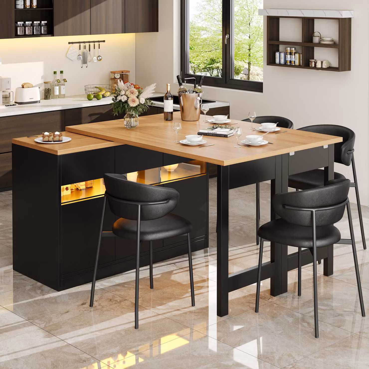 Tavolo da bar allungabile con LED, tavolo da pranzo girevole con armadio, tavolo da cucina/sala da pranzo girevole a 360°, 120-180x40x71,5 cm, nero