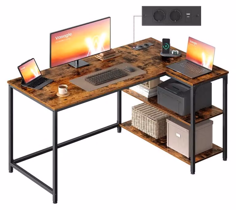 Scrivania ad angolo a forma di L con spazio contenitivo, ideale per l'ufficio domestico | Colore marrone vintage | Dimensioni: 120x80x76 cm
