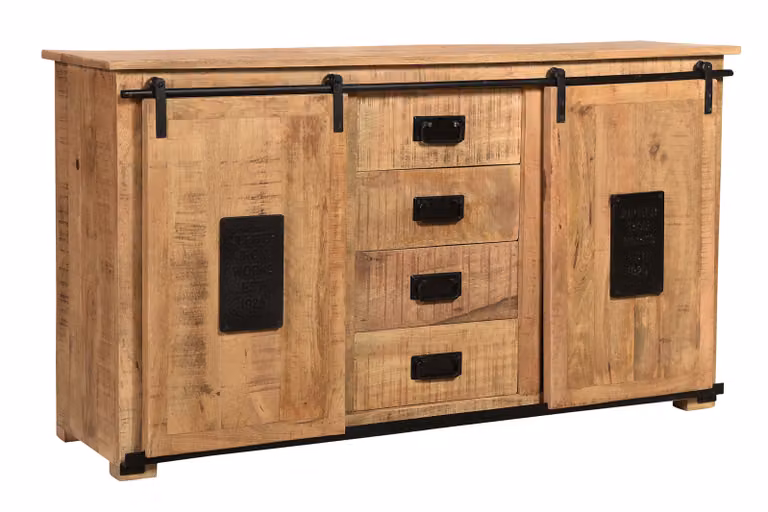 SIT Mobili Credenza in legno di mango | 2 ante scorrevoli, 4 cassetti | naturale con finiture nero antico | L 150 x P 38 x A 81 cm | 14203-01 | Serie NAMUR
