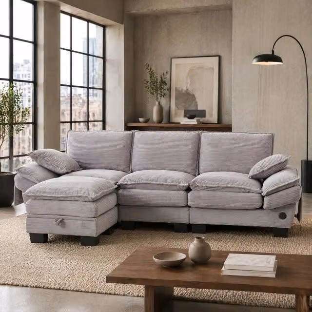 Divano modulare 3 posti con pouf; velluto a coste; USB-C; grigio chiaro