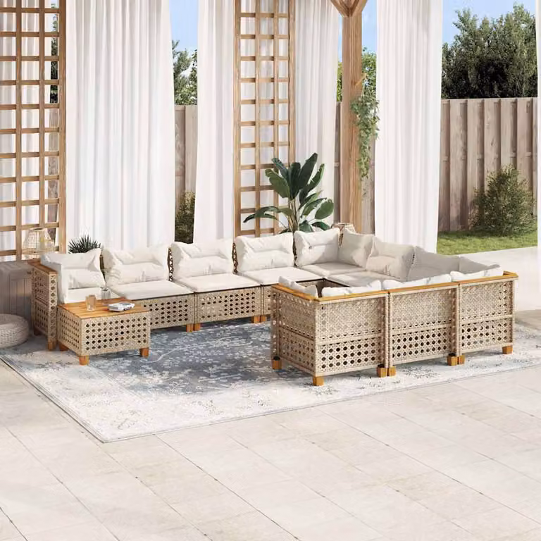 Set Divani da Giardino vidaXL 11 pz in Polyrattan con Cuscini Beige e Tavolino da Esterno a Forma di L