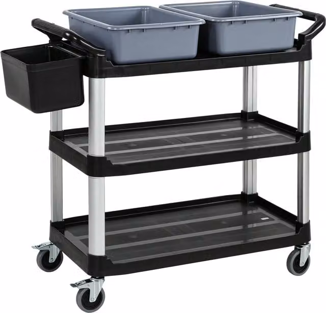 Carrello per pulizie professionale HOMCOM a 3 ripiani con 2 contenitori rimovibili, bidone laterale e 4 ruote, Nero