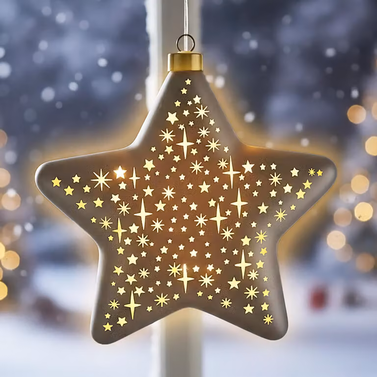 Stella di Natale a LED in vetro color champagne da appendere con timer - 19 cm - stella decorativa oro morbido illuminata a batteria