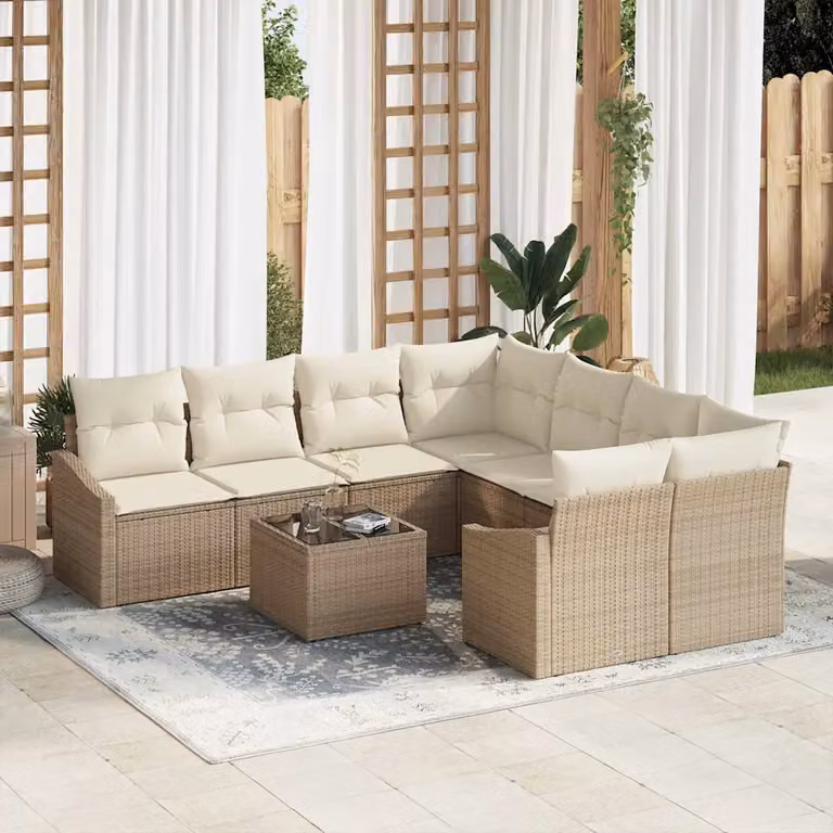 Set di divani da giardino vidaXL in polyrattan beige con cuscini, composto da 9 pezzi con tavolino e divani da esterno