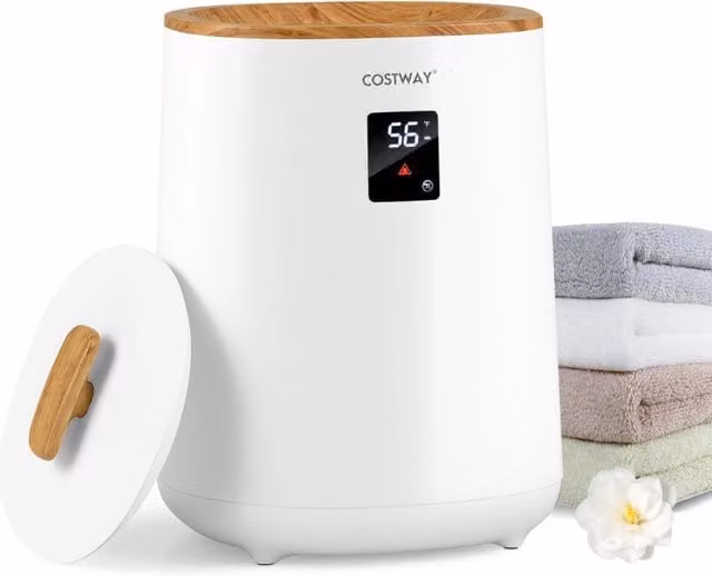 Scaldabiancheria Design Mania da 18L con schermo LED e spegnimento automatico, Secchio portatile per asciugamani caldi, Bianco