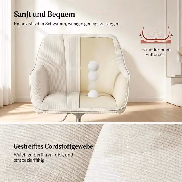 Sedia da ufficio ergonomica girevole con altezza regolabile braccioli integrati e ruote in velluto a coste beige