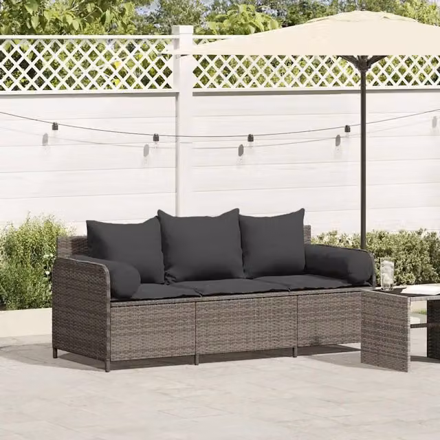 Divano da Giardino con Cuscini 3 Posti-Sofa da Giardino-Divano da esterno Grigio in Polyrattan 410789