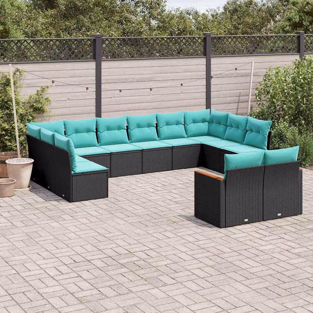 Set di divani da giardino vidaXL in polyrattan nero con cuscini blu a forma di U