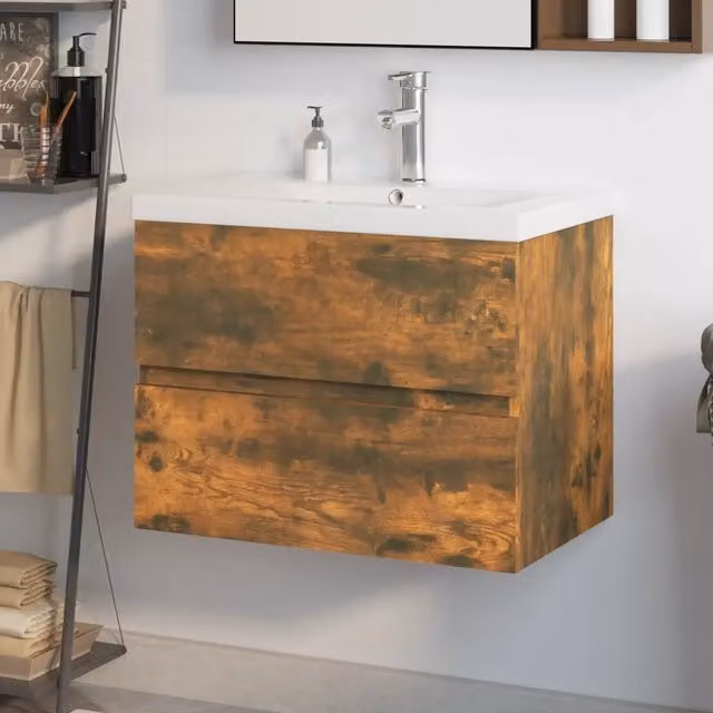 Mobile Bagno sospeso vidaXL con lavabo integrato in legno rovere e bianco, design moderno con cassetti e ante, L: 60 cm, P: 45 cm, H: 38,5 cm