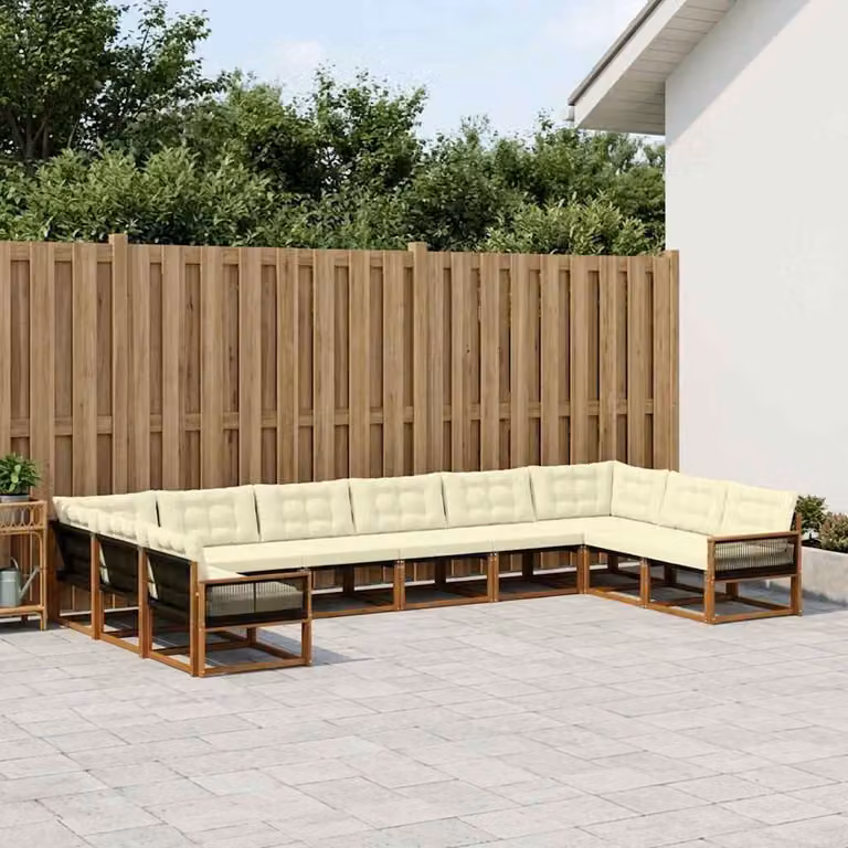 vidaXL Set di divani da esterno a forma di U composto da 10 pezzi in legno di acacia con cuscini rimovibili, colori beige, bianco e marrone