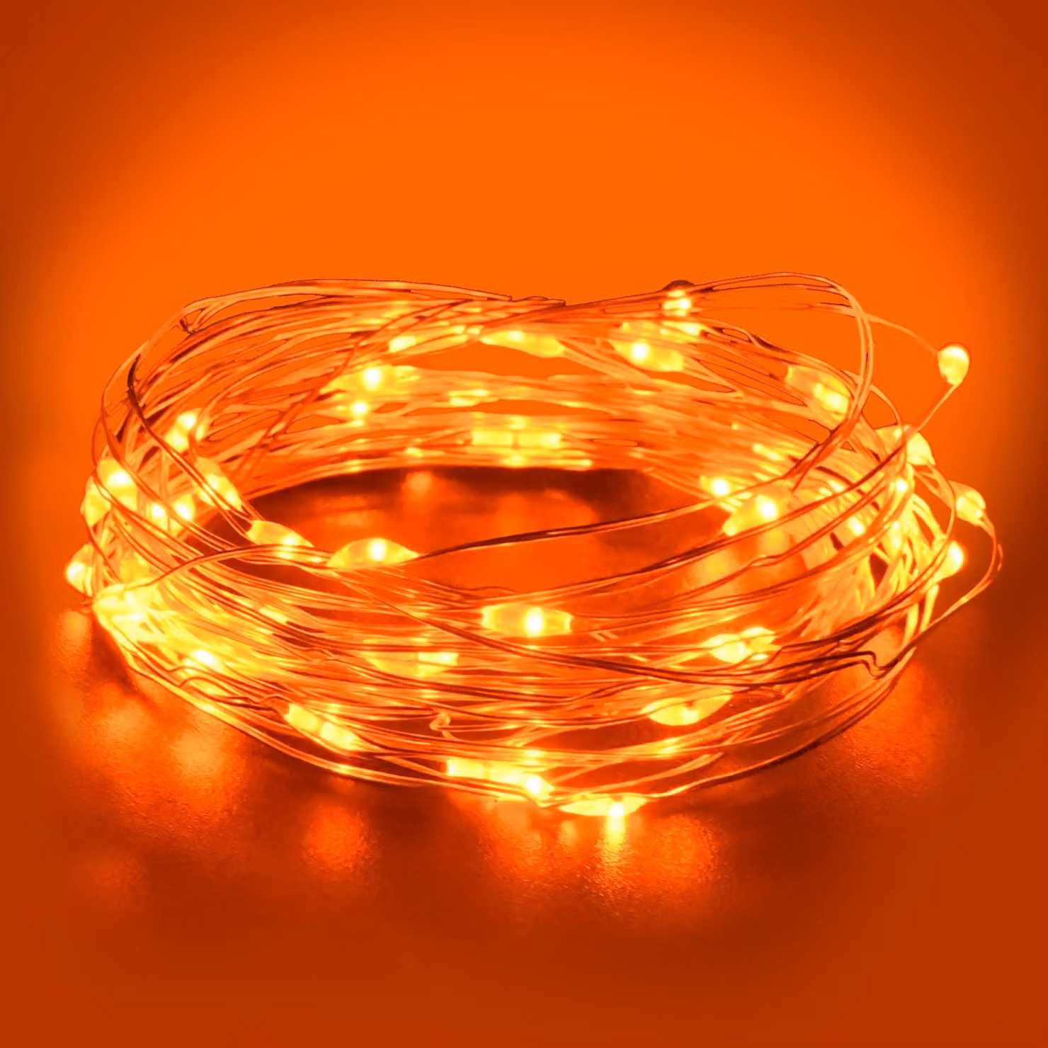 Catena luminosa LED arancione, lunghezza 3 metri, alimentazione a batteria, filo di rame