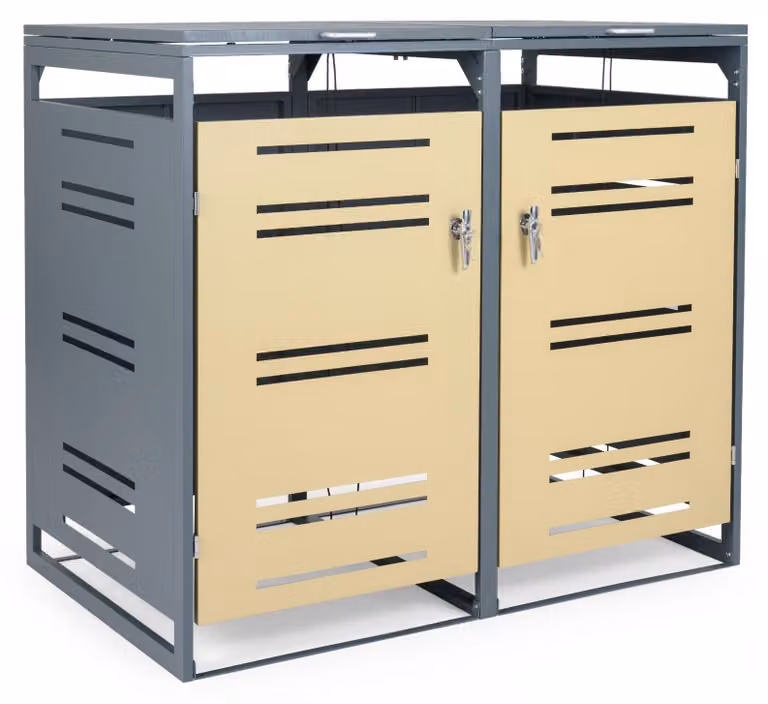 COSTWAY: ripostiglio per bidoni della spazzatura da 2x120 L, casetta da giardino resistente alle intemperie con porta chiudibile a chiave, molla a gas e ammortizzatore, ripostiglio in metallo